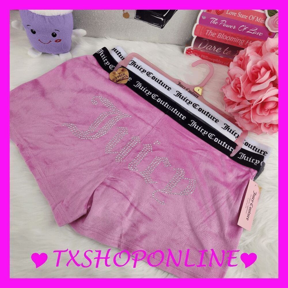 💗🌺2pc { Juicy Couture } Bling Logo Velour Loungewear Sleep Shorts🌺💗 NWT